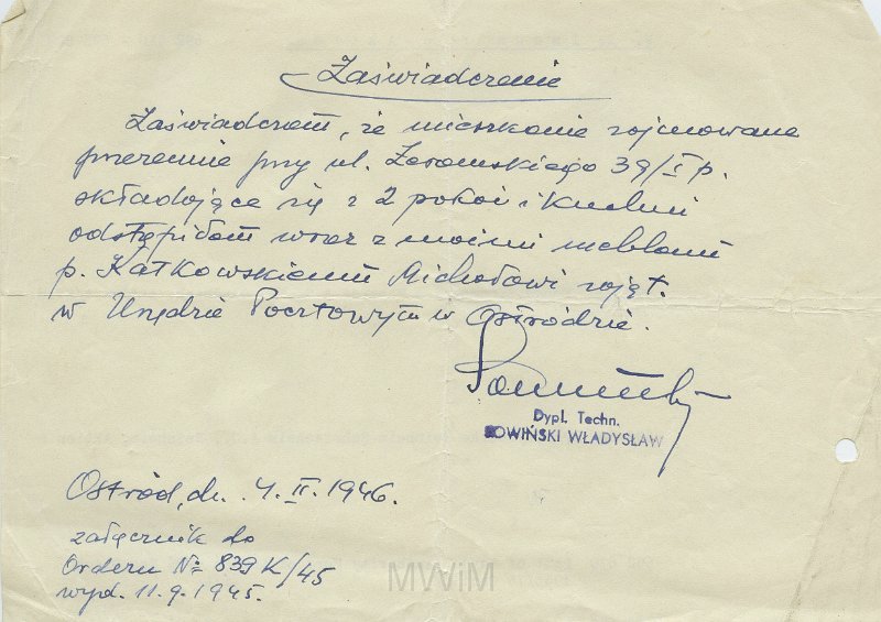 KKE 5520.jpg - Dok. Zaświadczenie o odstąpieniu mieszkania dla Michała Katkowskiego, Ostróda, 4 II 1946 r.